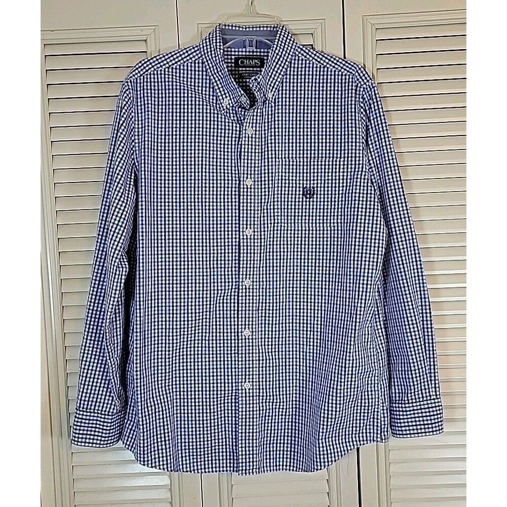 CHAPS Mens MED Blue White Black Check Button Down Dress/Casual Shirt Long Sleeve